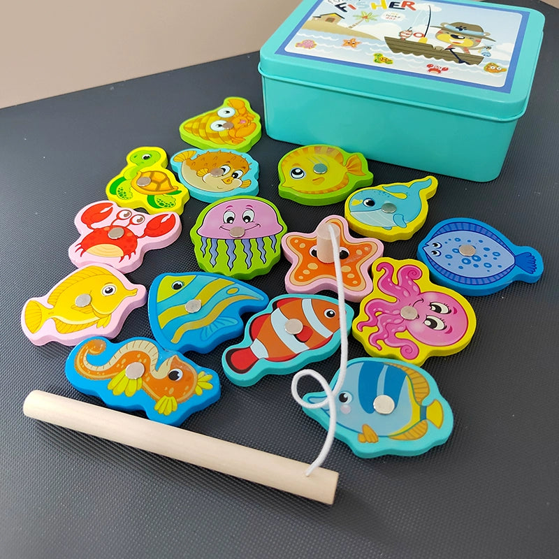 Wood Magnetic Fishing Toys Suit Iron Box Kids Puzzle