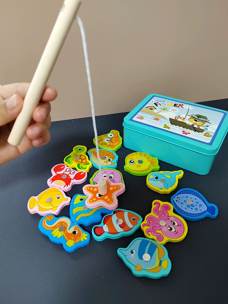 Wood Magnetic Fishing Toys Suit Iron Box Kids Puzzle