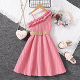 Kids Dress For Girls 4-12 Years Summer Girls Sleeveless Skirt With Diagonal Lace And Belt Korean Elegant Classic Style