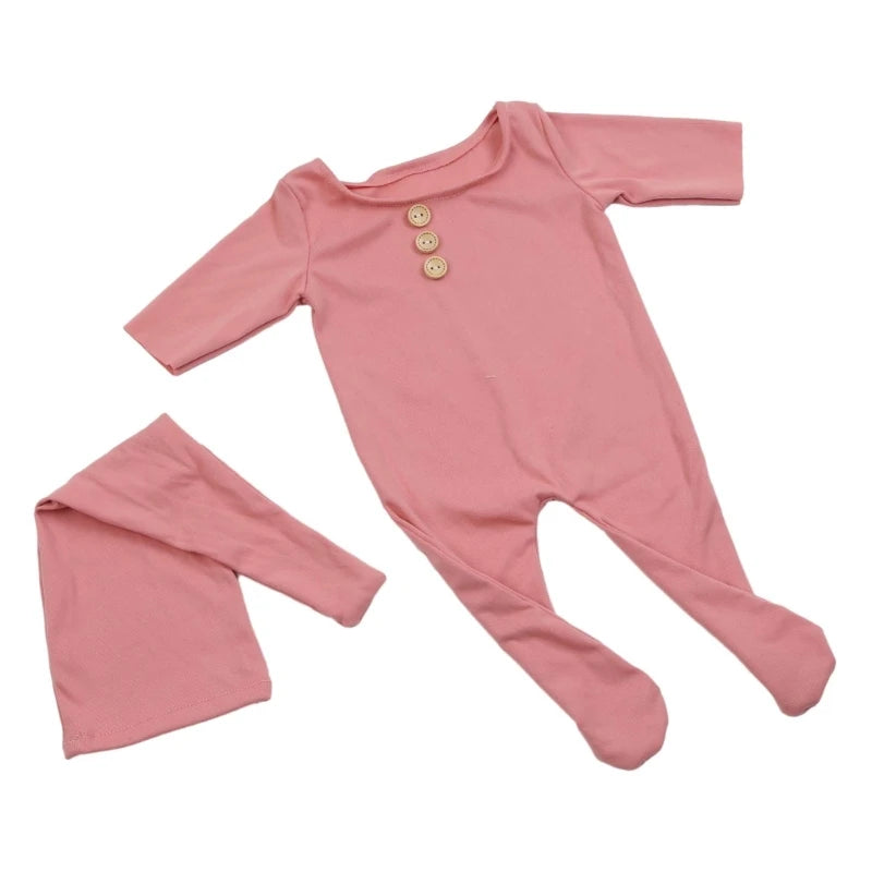 2Pcs/Set Newborn Baby Buttons Romper Jumpsuit with Knotted Hat Photo Prop Outfit