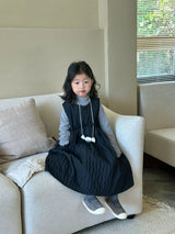 Dress Autumn New Childrens Clothing Korean Girl Solid Color Vest Autumn Casual Round Collar Striped Fashion Korean 2024