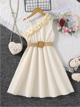 Kids Dress For Girls 4-12 Years Summer Girls Sleeveless Skirt With Diagonal Lace And Belt Korean Elegant Classic Style