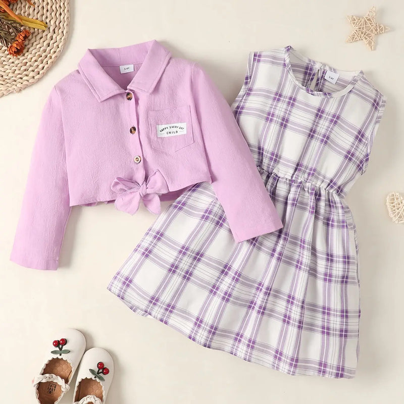 Girls Round Neck Plaid Sleeveless Dress+Long Sleeved Shawl Two-piece1-6 Year-old Girls Fashion Set Girls Autumn Party Dress