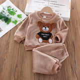 Autumn Children Clothes Bear Print Warm Suit Set Boys Girls Fleece Sweatshirt Winter Homewear Baby Cartoon Sleepwear Suit