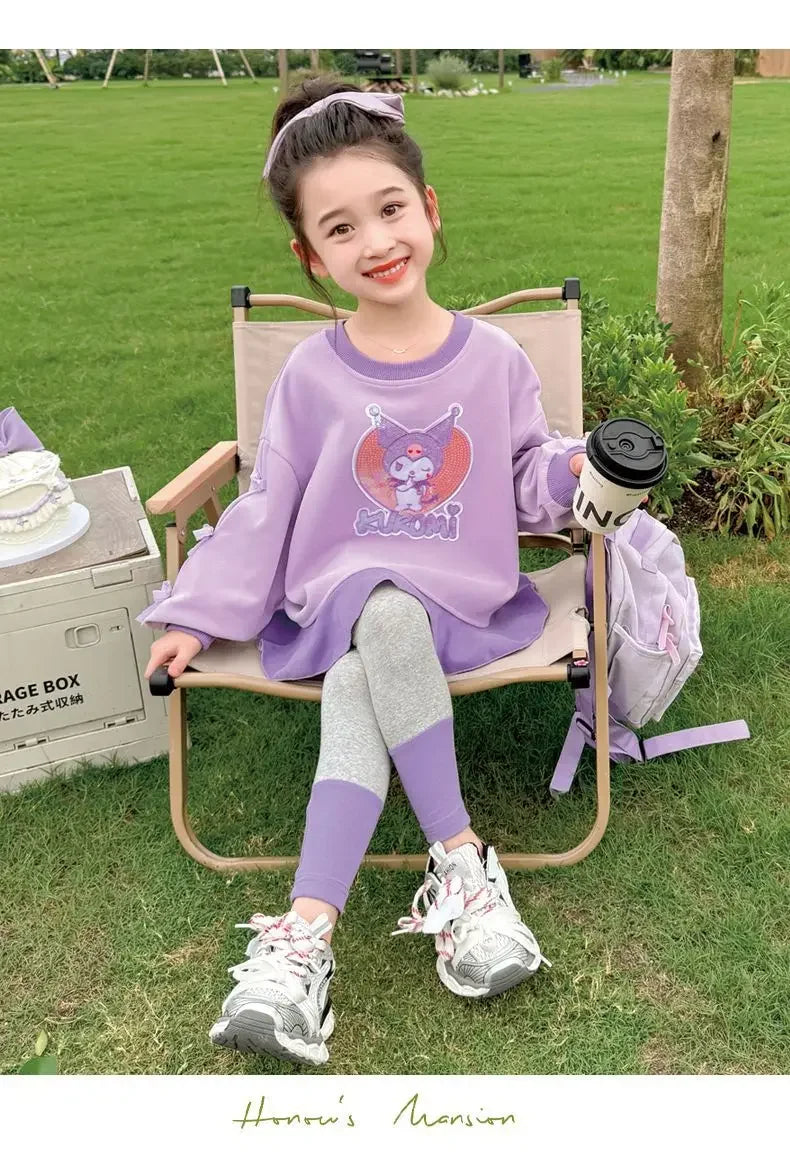 Sanrio Kuromi Printed Girl's Sweatshirts Sets Children's Casual Pullovers Pants Two Piece Kids Tracksuits Teen Girls Sport Suits