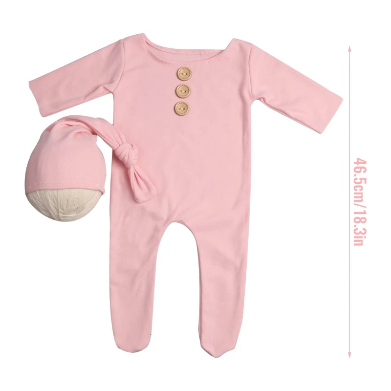 2Pcs/Set Newborn Baby Buttons Romper Jumpsuit with Knotted Hat Photo Prop Outfit