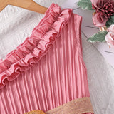 Kids Dress For Girls 4-12 Years Summer Girls Sleeveless Skirt With Diagonal Lace And Belt Korean Elegant Classic Style