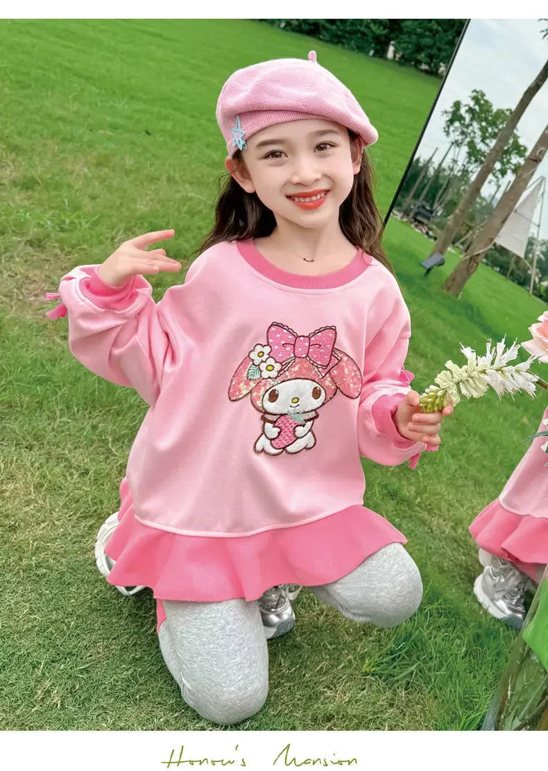 Sanrio Kuromi Printed Girl's Sweatshirts Sets Children's Casual Pullovers Pants Two Piece Kids Tracksuits Teen Girls Sport Suits