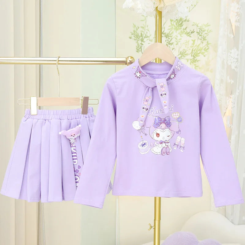 2024 Spring and Autumn Girls' set Cotton Versatile Cotton  T-shirt Short Skirt Set Girl's Fashionable Cartoon Two Piece Set