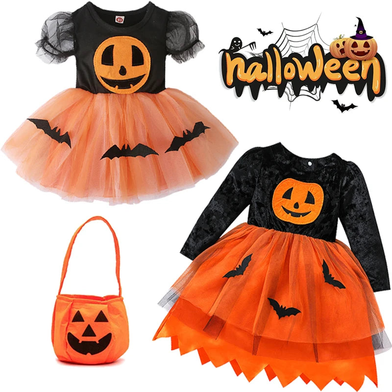 Halloween Pumpkin Dress Children Girls Pumpkin Bat Dress Kid Pumpkin Cosplay Costume Baby Cute Outfits Halloween Party Clothings