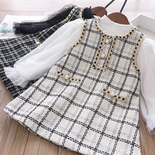 2022 New Girls' Two-piece One-piece Dress for Girls, Little Fragrance, Western Style, Plaid Dress for Spring and Autumn