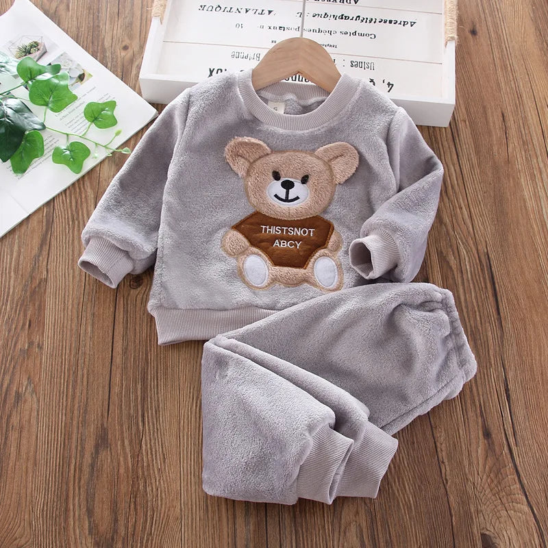 Autumn Children Clothes Bear Print Warm Suit Set Boys Girls Fleece Sweatshirt Winter Homewear Baby Cartoon Sleepwear Suit