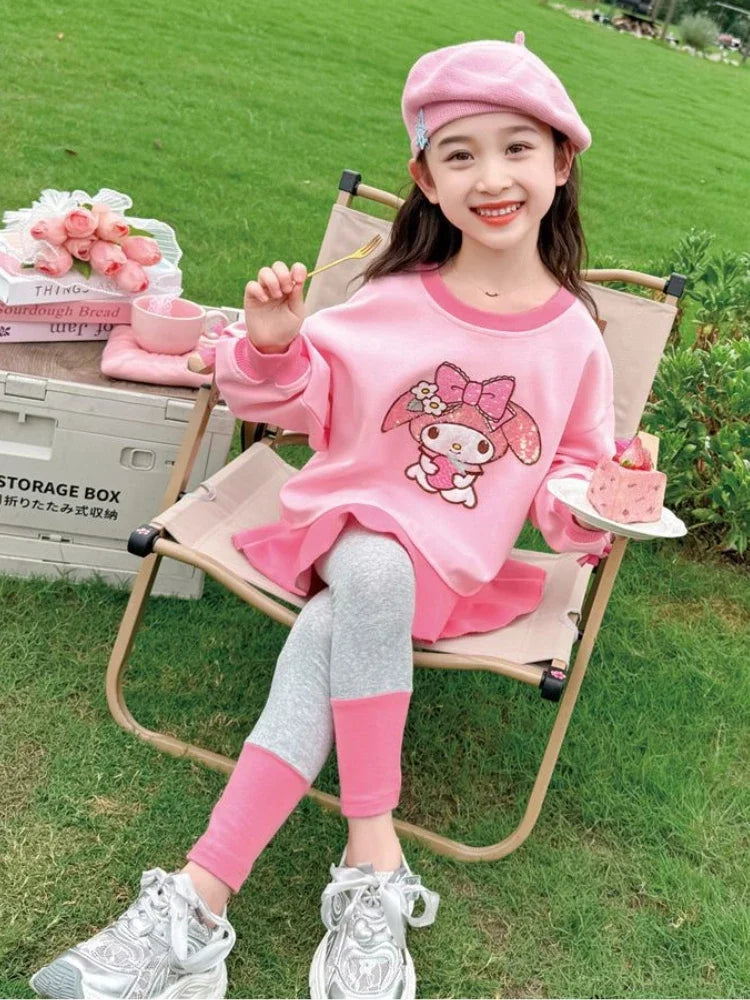 Sanrio Kuromi Printed Girl's Sweatshirts Sets Children's Casual Pullovers Pants Two Piece Kids Tracksuits Teen Girls Sport Suits