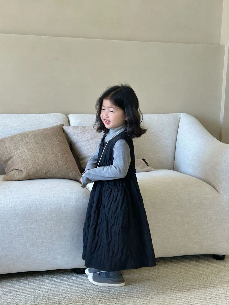 Dress Autumn New Childrens Clothing Korean Girl Solid Color Vest Autumn Casual Round Collar Striped Fashion Korean 2024