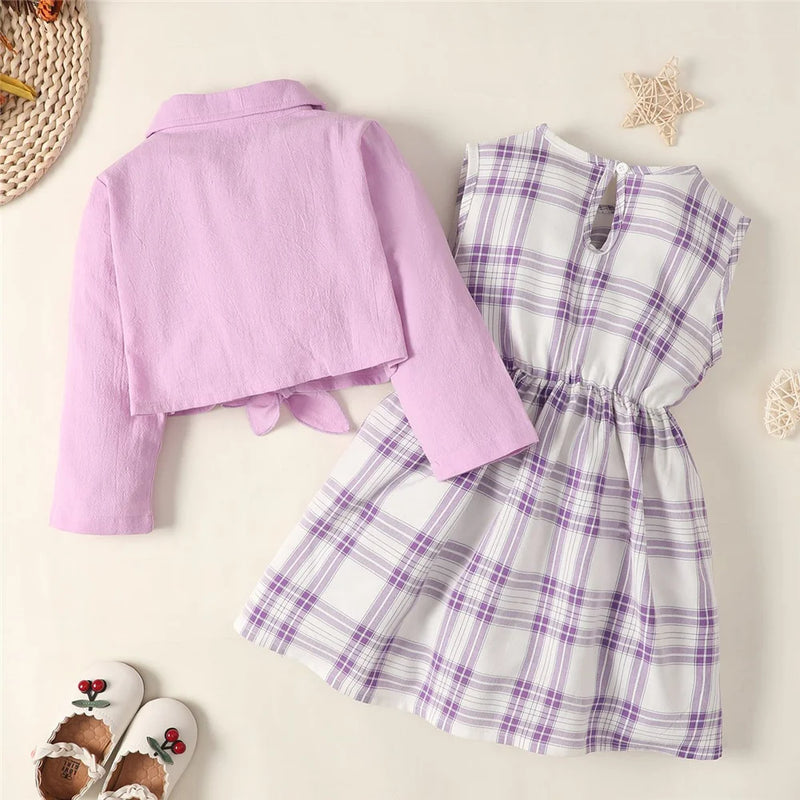 Girls Round Neck Plaid Sleeveless Dress+Long Sleeved Shawl Two-piece1-6 Year-old Girls Fashion Set Girls Autumn Party Dress