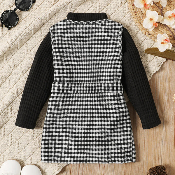 PatPat 2-piece Toddler Girl Turtleneck Long-sleeve Ribbed Black Sweater and Belted Plaid Overall Dress Set