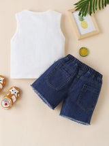 2PCS Spring Summer Girls Boys Set Round Neck Sleeveless Pineapple Letter Vest Top Denim Pocket Shorts Fashion Kids