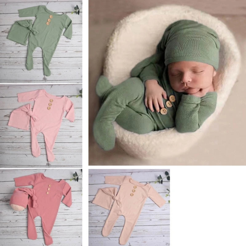 2Pcs/Set Newborn Baby Buttons Romper Jumpsuit with Knotted Hat Photo Prop Outfit