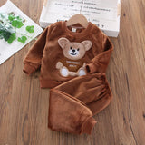 Autumn Children Clothes Bear Print Warm Suit Set Boys Girls Fleece Sweatshirt Winter Homewear Baby Cartoon Sleepwear Suit