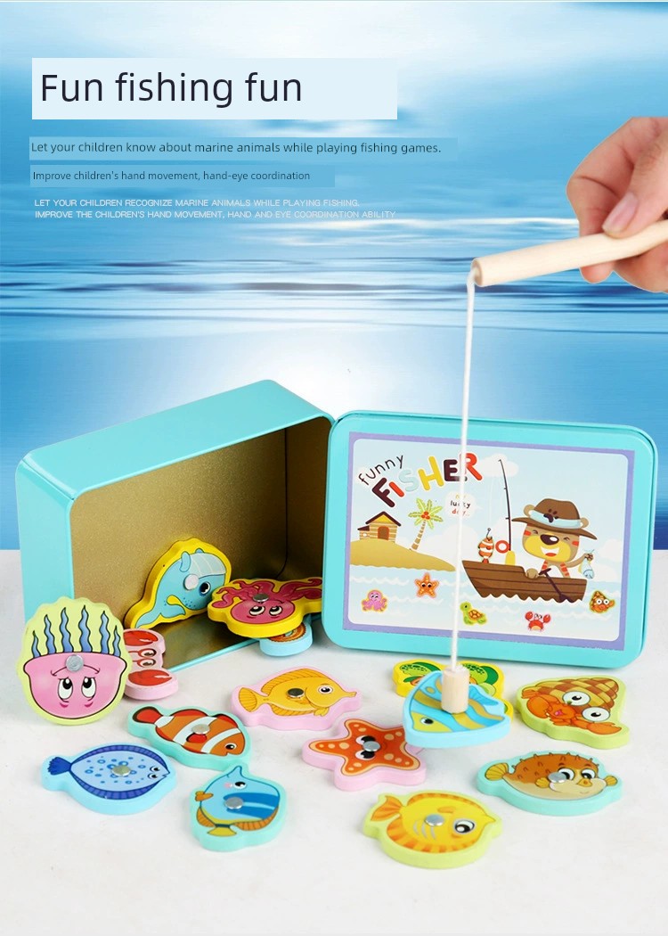 Wood Magnetic Fishing Toys Suit Iron Box Kids Puzzle