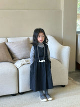 Dress Autumn New Childrens Clothing Korean Girl Solid Color Vest Autumn Casual Round Collar Striped Fashion Korean 2024