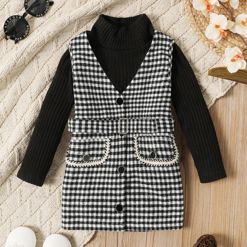 PatPat 2-piece Toddler Girl Turtleneck Long-sleeve Ribbed Black Sweater and Belted Plaid Overall Dress Set