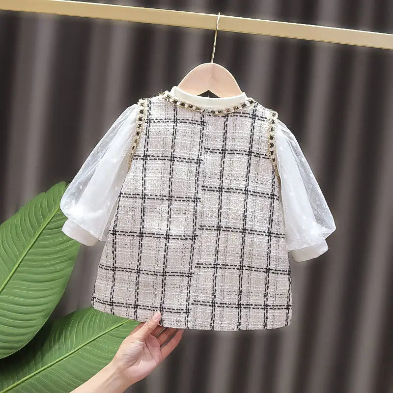 2022 New Girls' Two-piece One-piece Dress for Girls, Little Fragrance, Western Style, Plaid Dress for Spring and Autumn