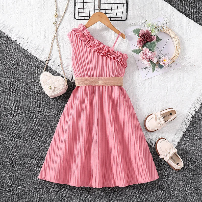 Kids Dress For Girls 4-12 Years Summer Girls Sleeveless Skirt With Diagonal Lace And Belt Korean Elegant Classic Style