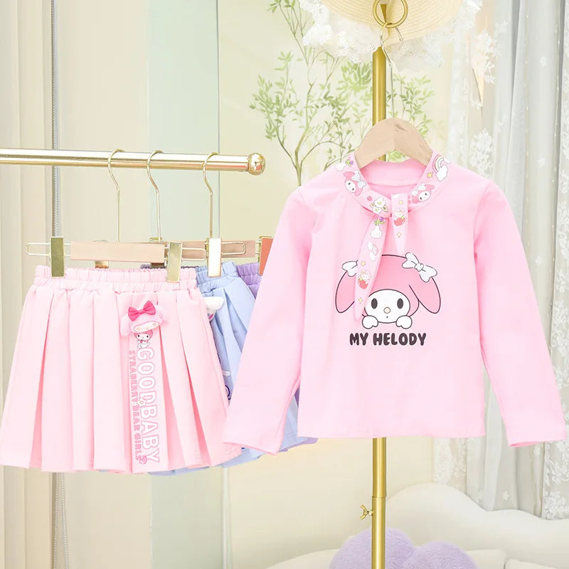 2024 Spring and Autumn Girls' set Cotton Versatile Cotton  T-shirt Short Skirt Set Girl's Fashionable Cartoon Two Piece Set