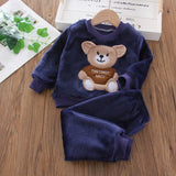 Autumn Children Clothes Bear Print Warm Suit Set Boys Girls Fleece Sweatshirt Winter Homewear Baby Cartoon Sleepwear Suit