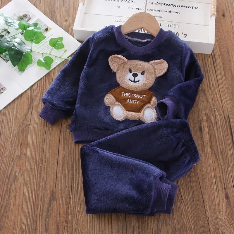 Autumn Children Clothes Bear Print Warm Suit Set Boys Girls Fleece Sweatshirt Winter Homewear Baby Cartoon Sleepwear Suit