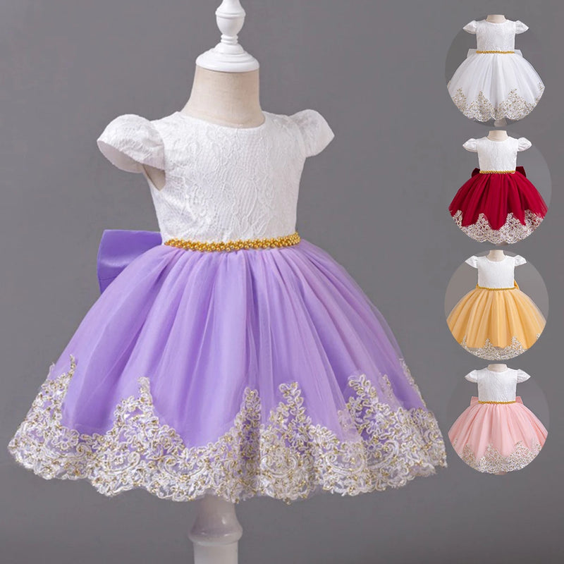 Toddler Girls 1st Birthday Party Dresses Cute Bow Kids Princess Lace Tulle Short Dress Flower Girls Dresses For Wedding 0-5 Year