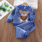 Autumn Children Clothes Bear Print Warm Suit Set Boys Girls Fleece Sweatshirt Winter Homewear Baby Cartoon Sleepwear Suit