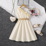 Kids Dress For Girls 4-12 Years Summer Girls Sleeveless Skirt With Diagonal Lace And Belt Korean Elegant Classic Style