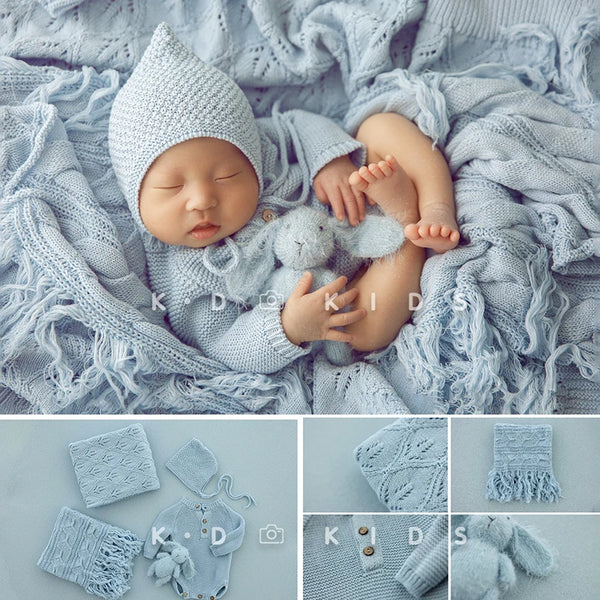 Knitted Baby Photography Clothing Hat And Romper Blanket Doll Newborn Photo Props Long Sleeve Infant Bodysuit Studio Accessories