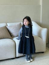 Dress Autumn New Childrens Clothing Korean Girl Solid Color Vest Autumn Casual Round Collar Striped Fashion Korean 2024