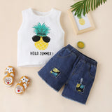 2PCS Spring Summer Girls Boys Set Round Neck Sleeveless Pineapple Letter Vest Top Denim Pocket Shorts Fashion Kids