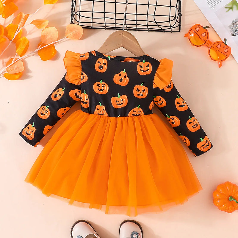 Halloween Pumpkin Dress Children Girls Pumpkin Bat Dress Kid Pumpkin Cosplay Costume Baby Cute Outfits Halloween Party Clothings