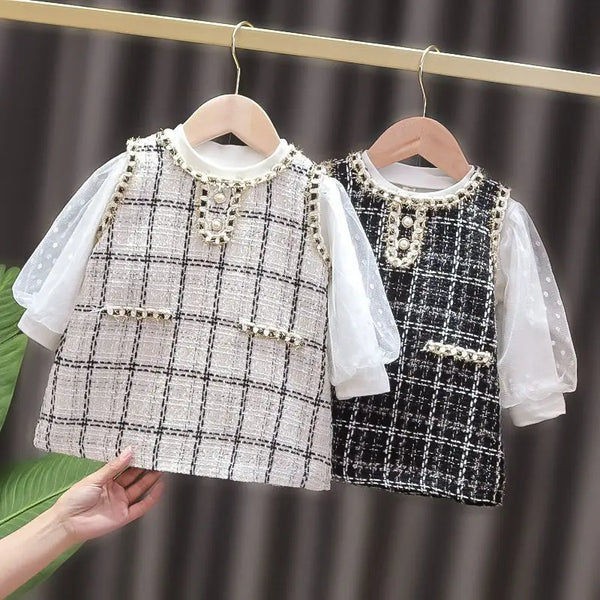 2022 New Girls' Two-piece One-piece Dress for Girls, Little Fragrance, Western Style, Plaid Dress for Spring and Autumn