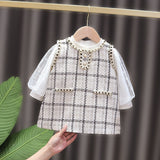 2022 New Girls' Two-piece One-piece Dress for Girls, Little Fragrance, Western Style, Plaid Dress for Spring and Autumn