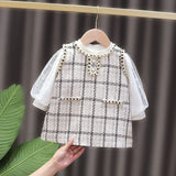 2022 New Girls' Two-piece One-piece Dress for Girls, Little Fragrance, Western Style, Plaid Dress for Spring and Autumn