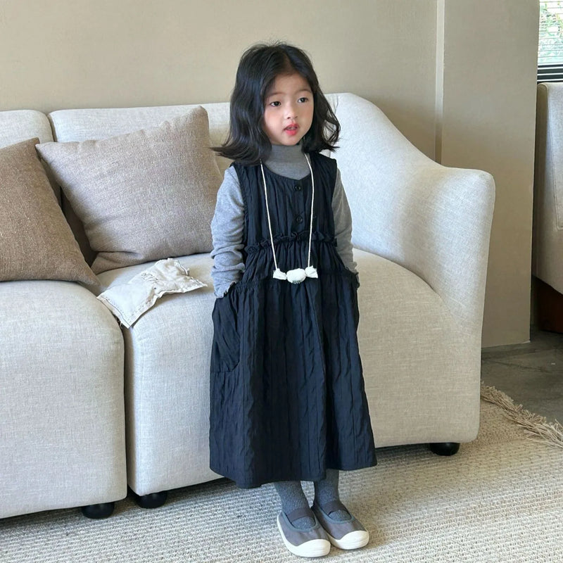 Dress Autumn New Childrens Clothing Korean Girl Solid Color Vest Autumn Casual Round Collar Striped Fashion Korean 2024