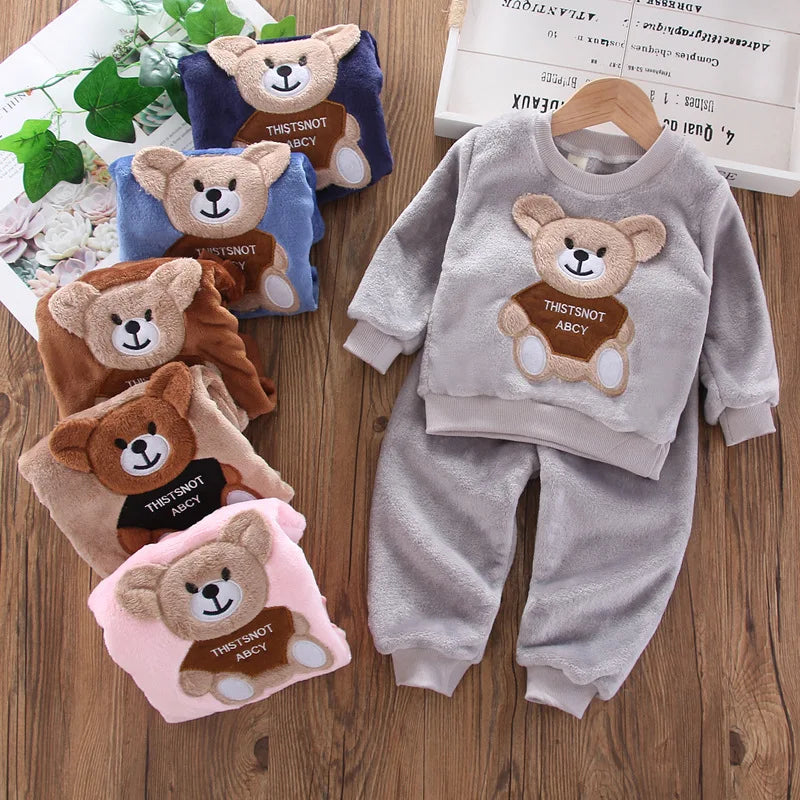 Autumn Children Clothes Bear Print Warm Suit Set Boys Girls Fleece Sweatshirt Winter Homewear Baby Cartoon Sleepwear Suit