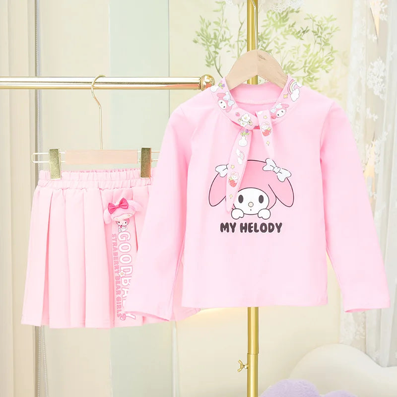 2024 Spring and Autumn Girls' set Cotton Versatile Cotton  T-shirt Short Skirt Set Girl's Fashionable Cartoon Two Piece Set