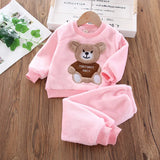 Autumn Children Clothes Bear Print Warm Suit Set Boys Girls Fleece Sweatshirt Winter Homewear Baby Cartoon Sleepwear Suit