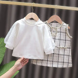 2022 New Girls' Two-piece One-piece Dress for Girls, Little Fragrance, Western Style, Plaid Dress for Spring and Autumn